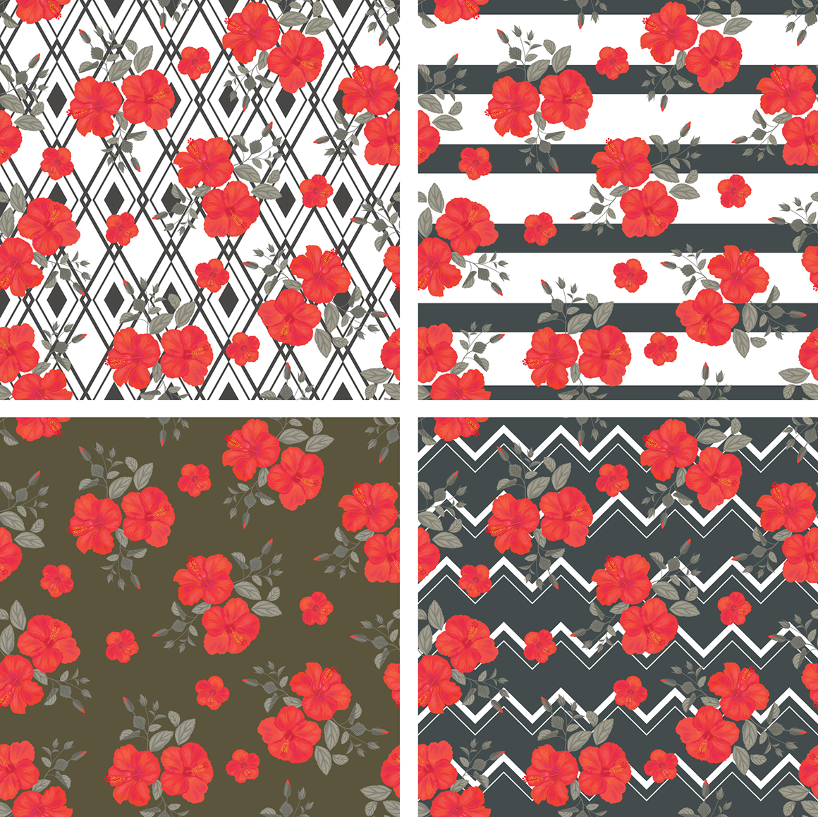 Set of flower, floral elements, frames, seamless patterns.