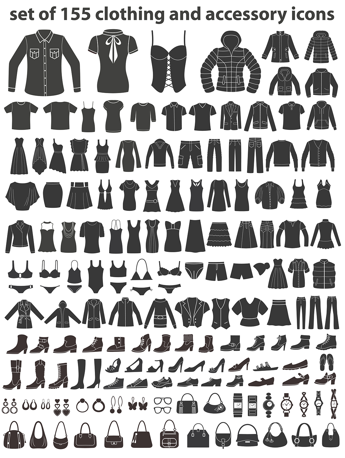 Set of clothing, shoes, accessories line and flat icons. Women&#039;s , Men&#039;s and Children&#039;s fashion. Seamless patterns with icons.