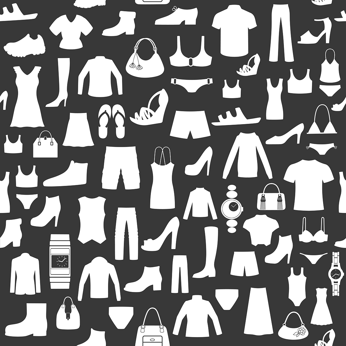 Set of clothing, shoes, accessories line and flat icons. Women&#039;s , Men&#039;s and Children&#039;s fashion. Seamless patterns with icons.