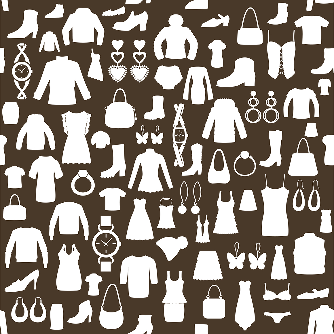 Set of clothing, shoes, accessories line and flat icons. Women&#039;s , Men&#039;s and Children&#039;s fashion. Seamless patterns with icons.