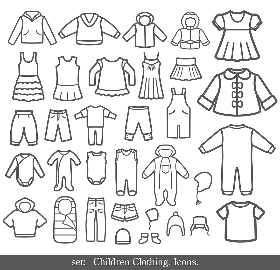 Set of clothing, shoes, accessories line and flat icons. Women&#039;s , Men&#039;s and Children&#039;s fashion. Seamless patterns with icons.