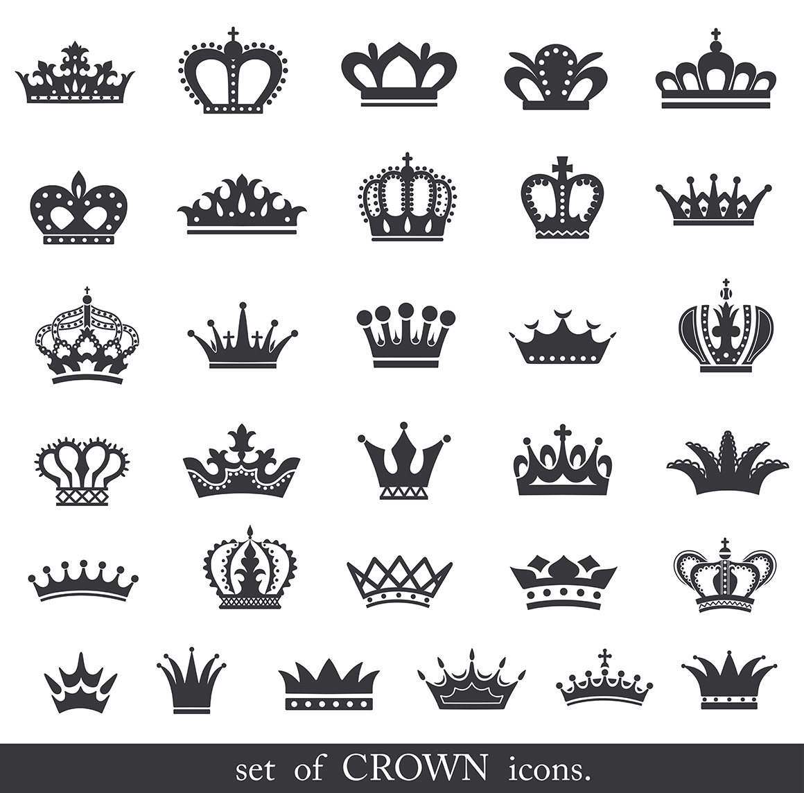 Set of gold crown icons. Flat crown icons in black.