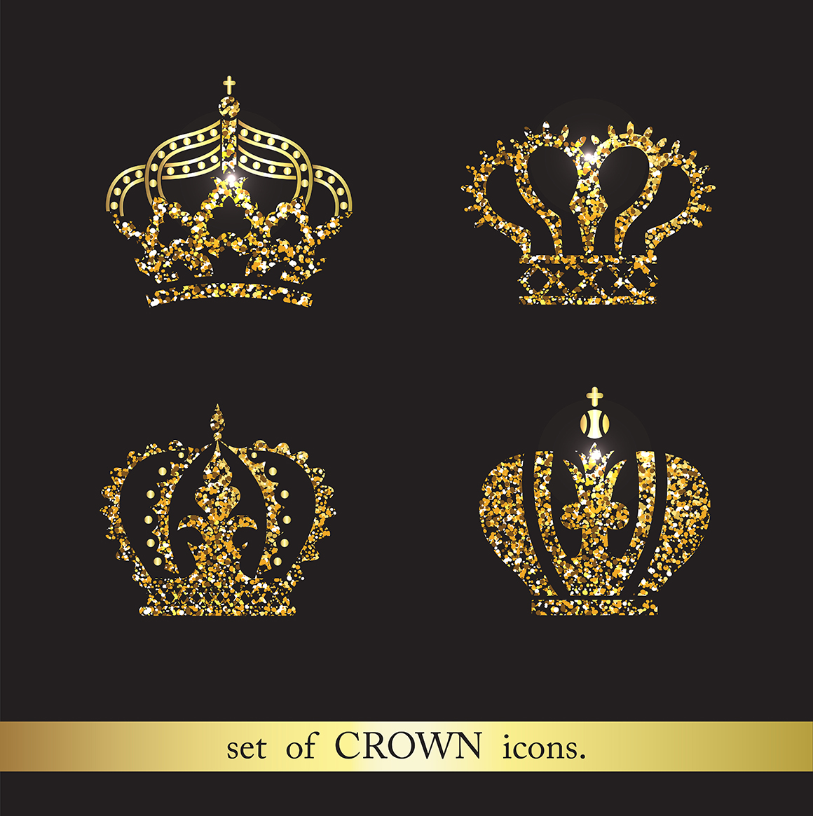 Set of gold crown icons. Flat crown icons in black.