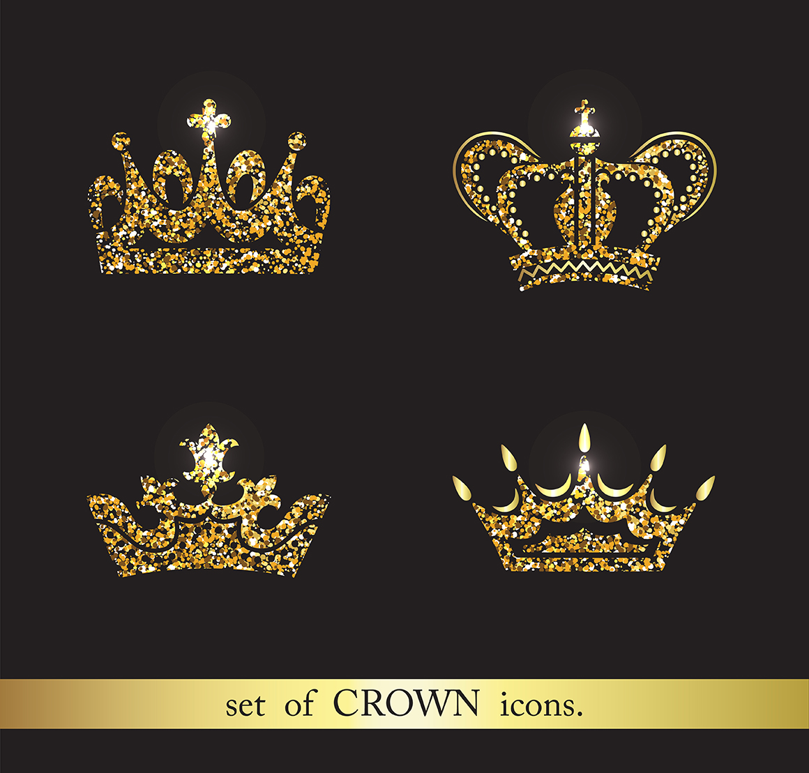 Set of gold crown icons. Flat crown icons in black.