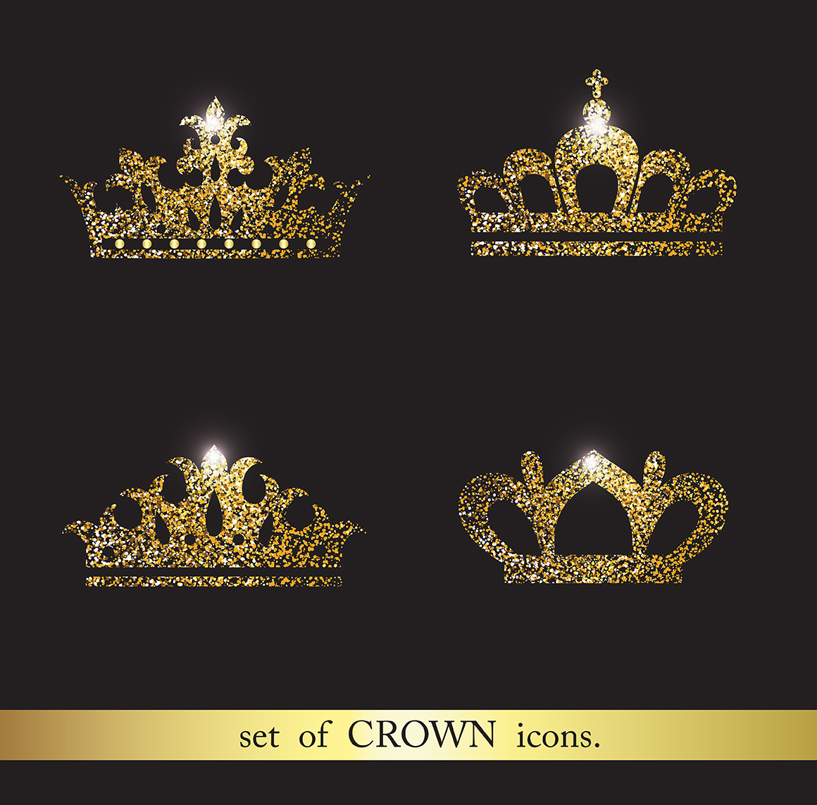 Set of gold crown icons. Flat crown icons in black.