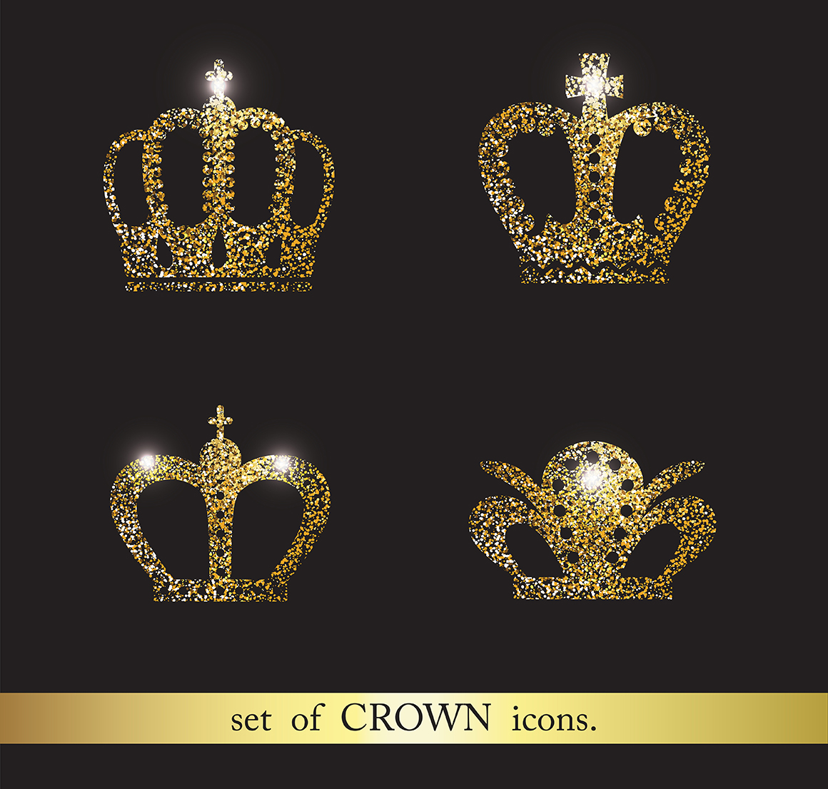 Set of gold crown icons. Flat crown icons in black.