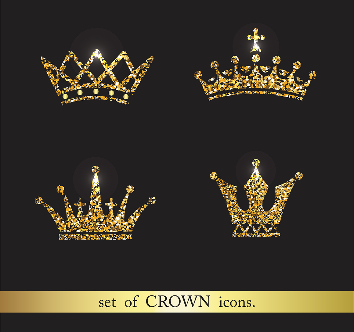 Set of gold crown icons. Flat crown icons in black.