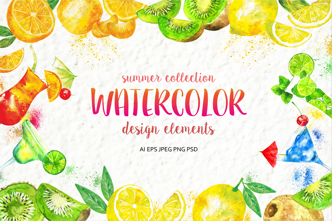Set of watercolor fruits and cocktails. Set of watercolor fruits and cocktails.