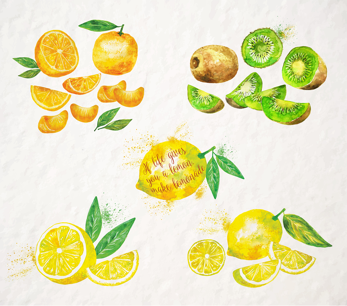 Set of watercolor fruits and cocktails.