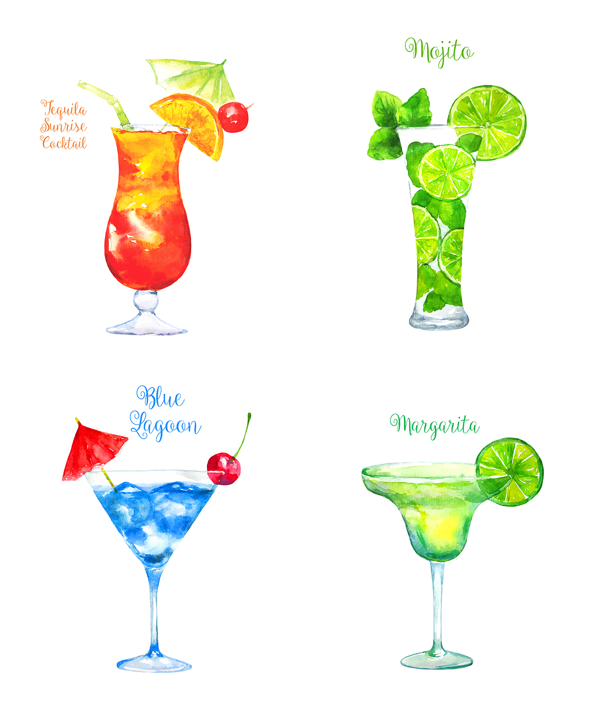 Set of watercolor fruits and cocktails.