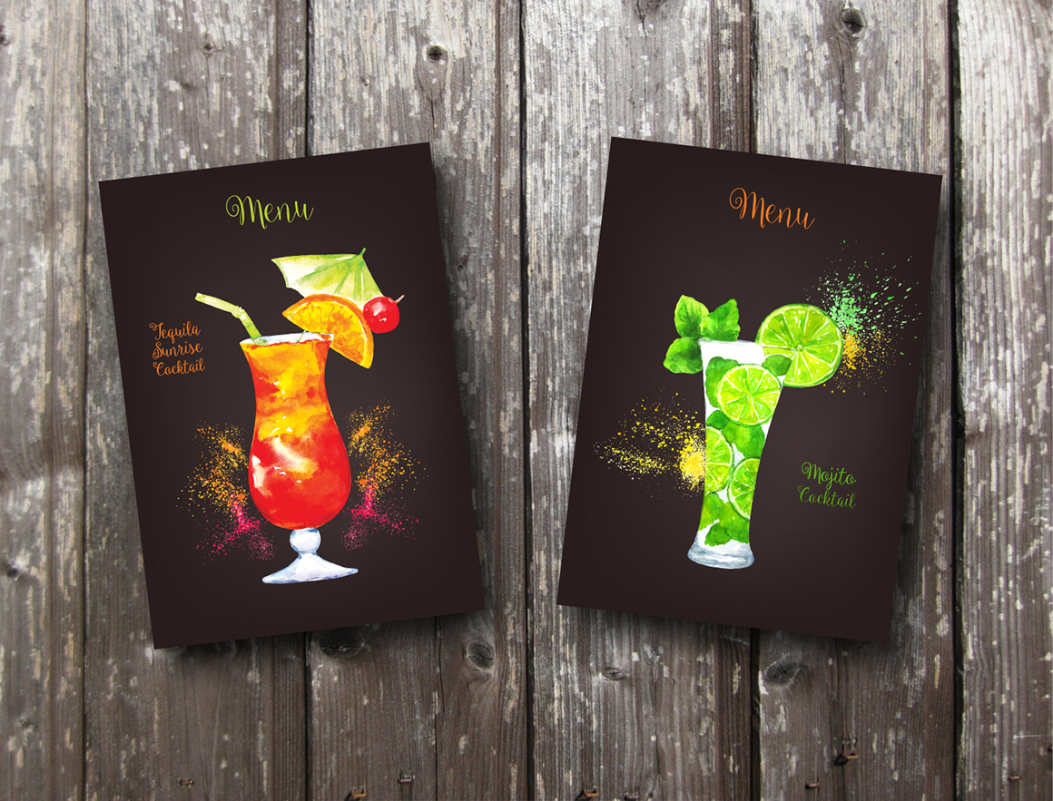 Set of watercolor fruits and cocktails. Set of watercolor fruits and cocktails.