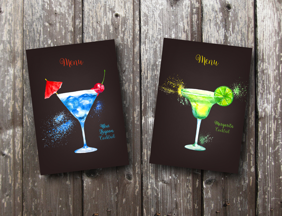 Set of watercolor fruits and cocktails. Set of watercolor fruits and cocktails.