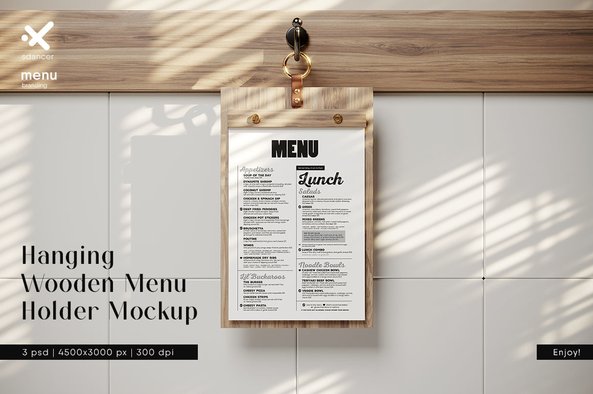 Hanging Wooden Menu Holder Mockup