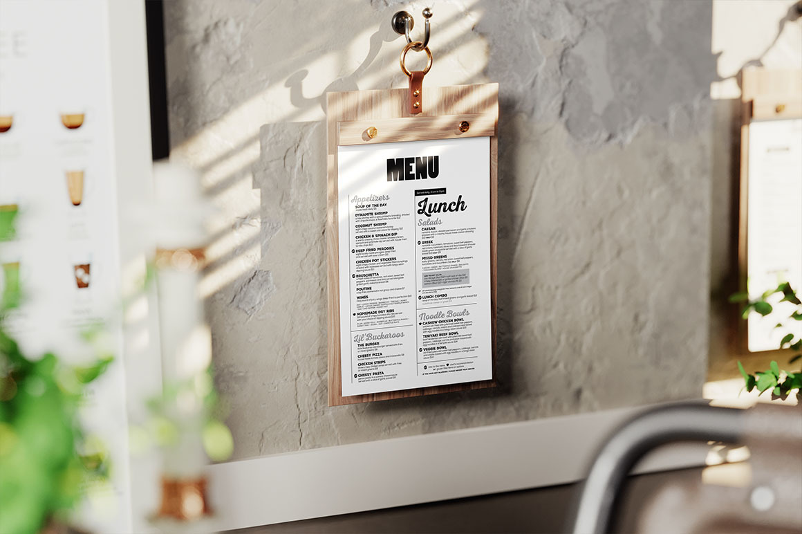 Hanging Wooden Menu Holder Mockup