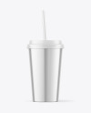 Glossy Metallized Coffee Cup with Straw Mockup