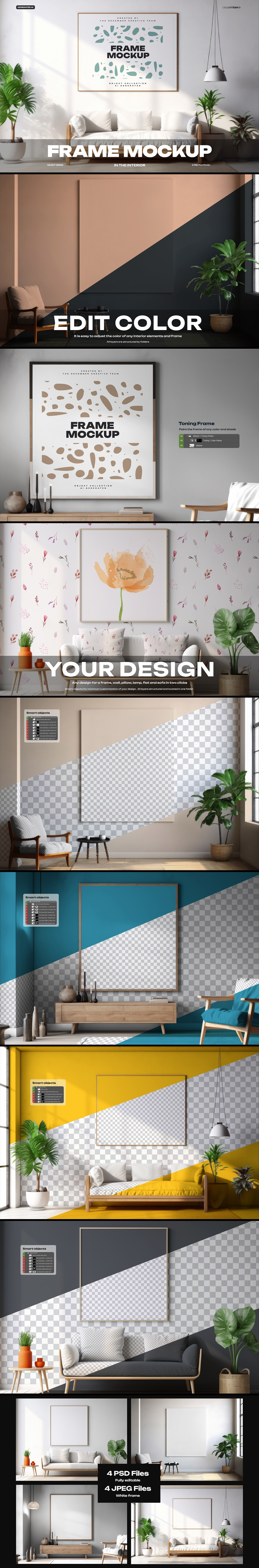 4 Mockups of Frames in the Interior. AI Generated 4 Mockups of Frames in the Interior. AI Generated