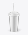 Glossy Metallized Coffee Cup with Straw Mockup