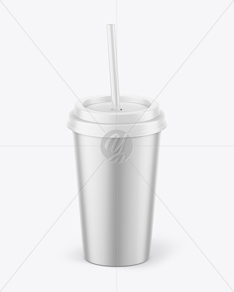 Matte Metallized Coffee Cup with Straw Mockup