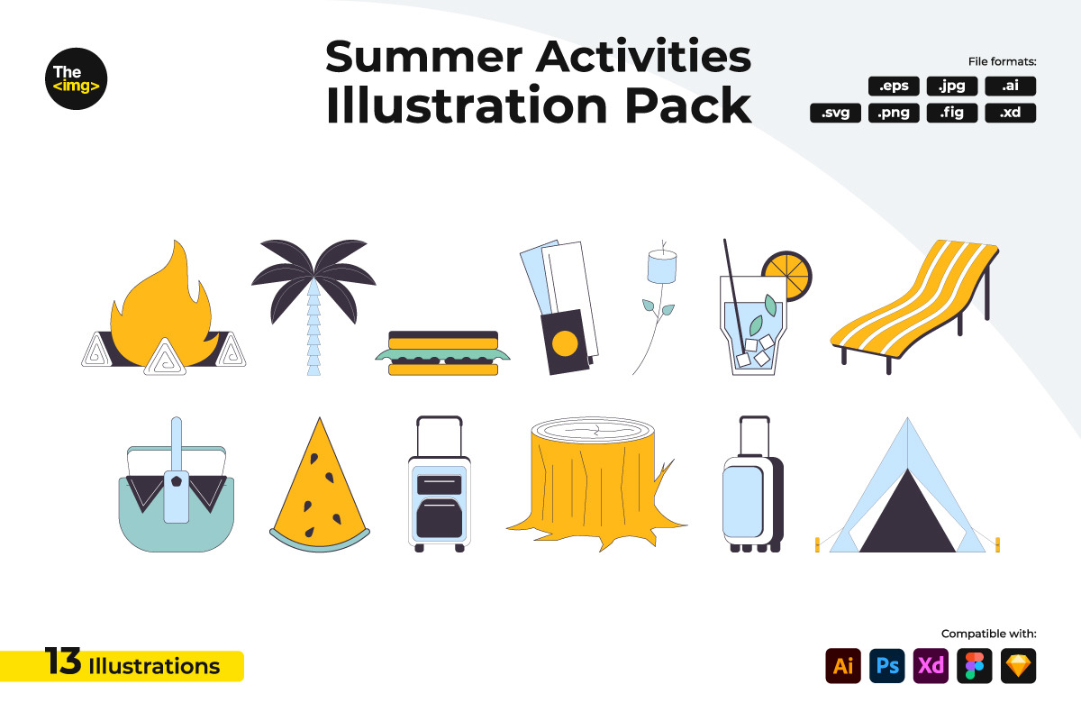 Summer activities flat line color vector icons pack Summer activities flat line color vector icons pack