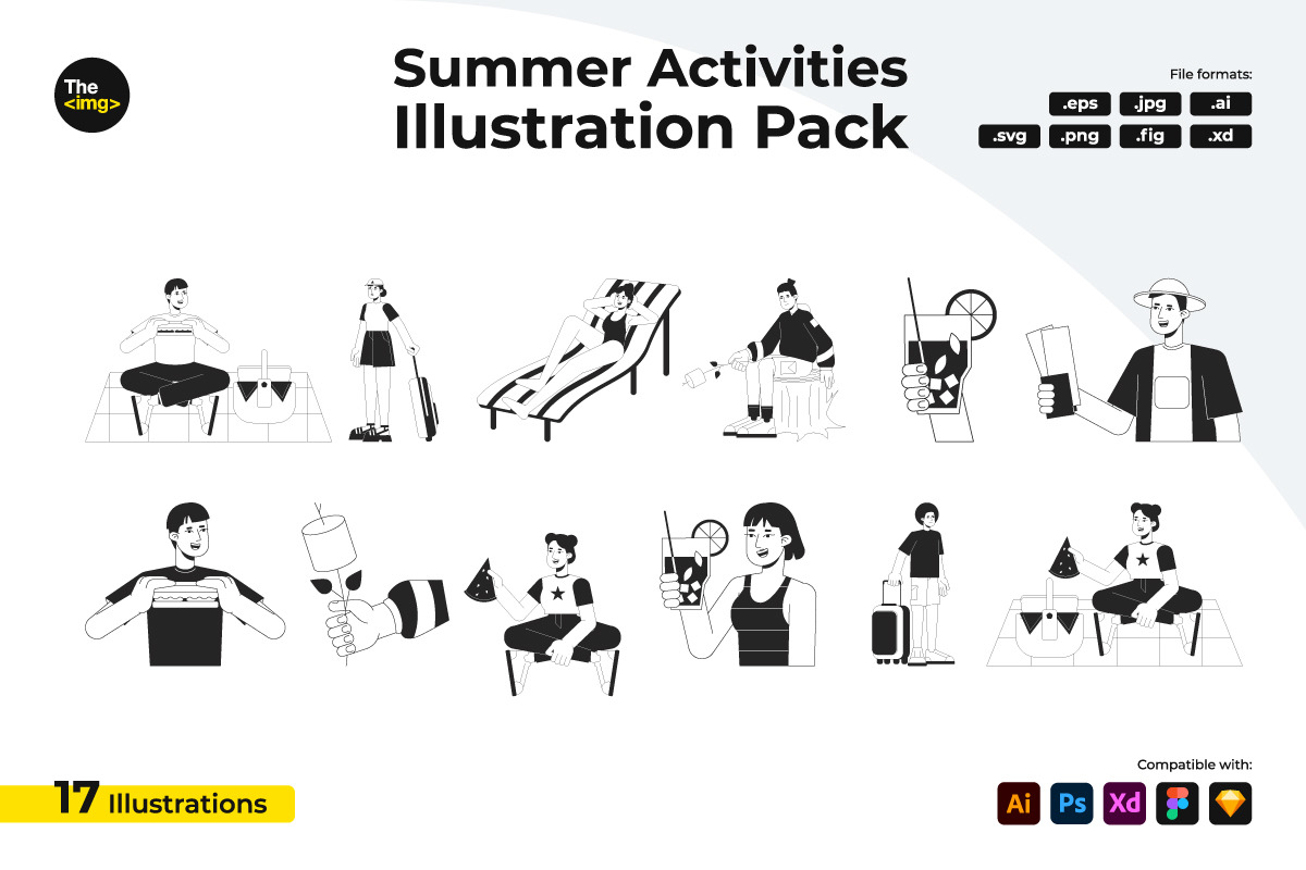 Summer beach people flat line black white vector characters pack