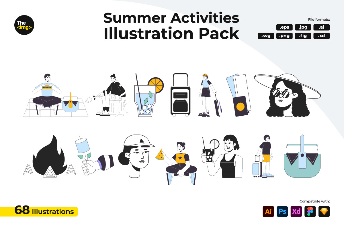 Summer recreation flat line vector spot illustration pack