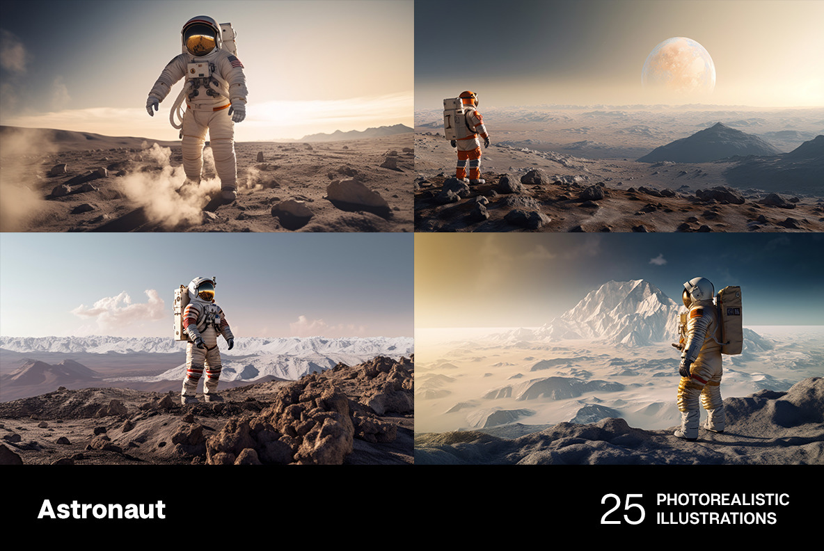 Astronaut in space. 25 photorealistic illustrations Astronaut in space. 25 photorealistic illustrations