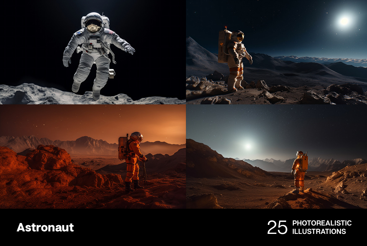 Astronaut in space. 25 photorealistic illustrations Astronaut in space. 25 photorealistic illustrations