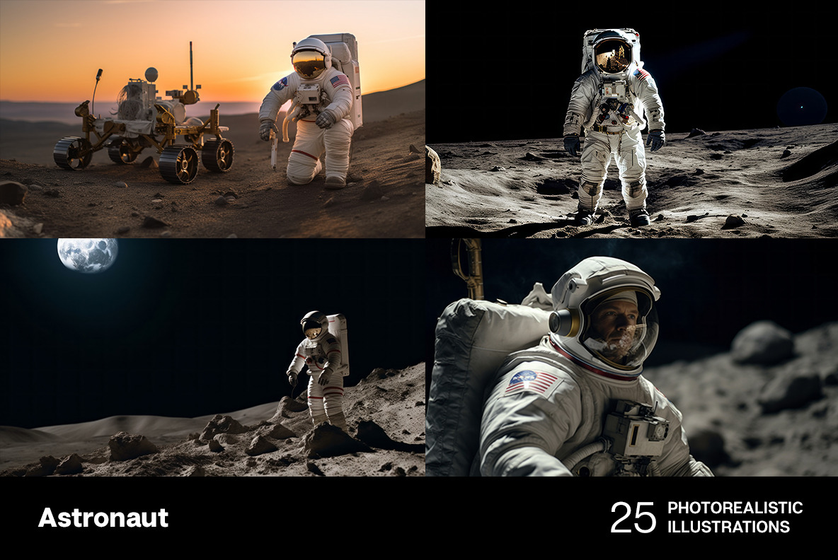 Astronaut in space. 25 photorealistic illustrations Astronaut in space. 25 photorealistic illustrations