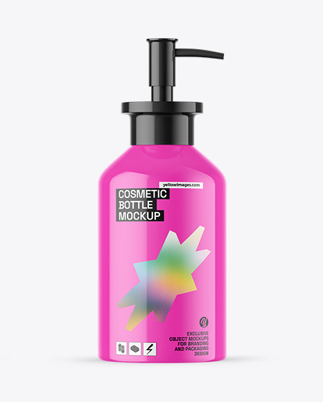 Glossy Cosmetic Bottle With Pump Mockup - Label mockup bottle