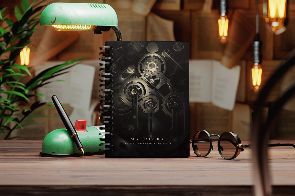 Spiral Notebook in Vintage Workspace Mockup Spiral Notebook in Vintage Workspace Mockup
