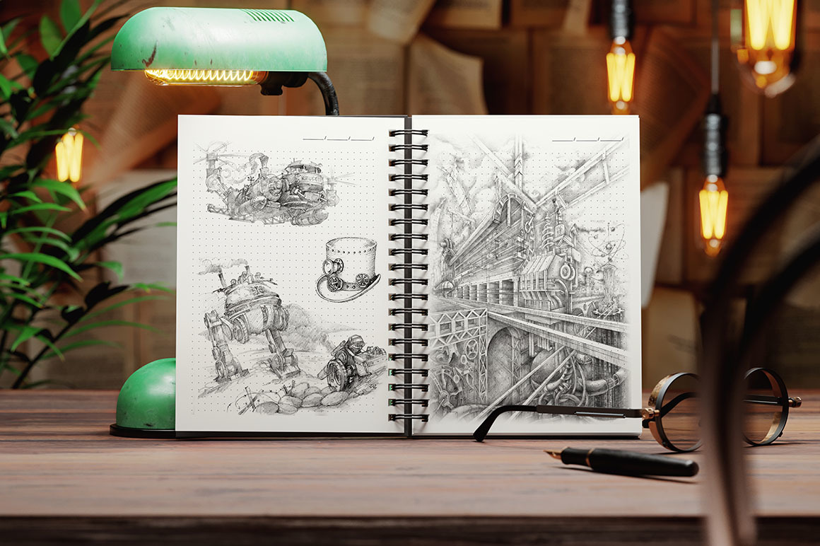 Spiral Notebook in Vintage Workspace Mockup Spiral Notebook in Vintage Workspace Mockup