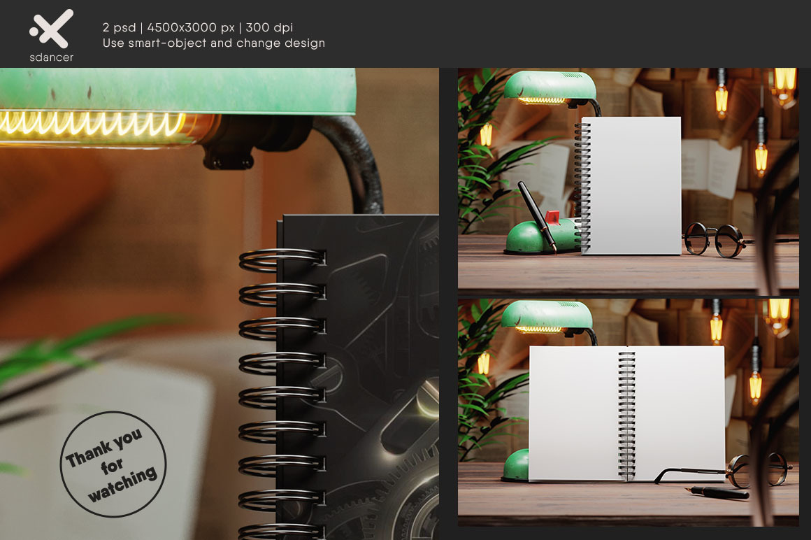 Spiral Notebook in Vintage Workspace Mockup Spiral Notebook in Vintage Workspace Mockup