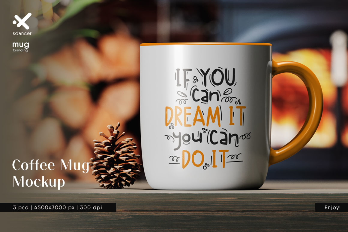 Coffee Mug on a Wooden Table by the Fireplace Mockup Coffee Mug on a Wooden Table by the Fireplace Mockup