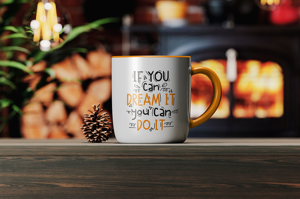 Coffee Mug on a Wooden Table by the Fireplace Mockup