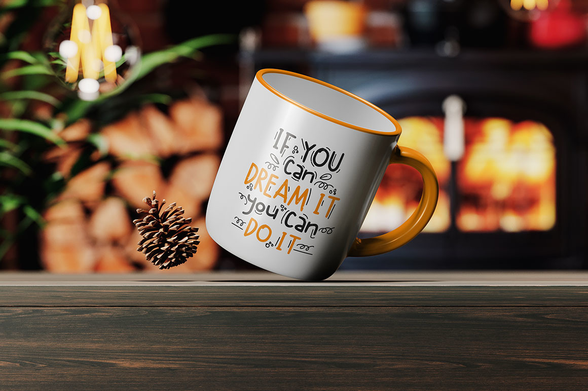 Coffee Mug on a Wooden Table by the Fireplace Mockup