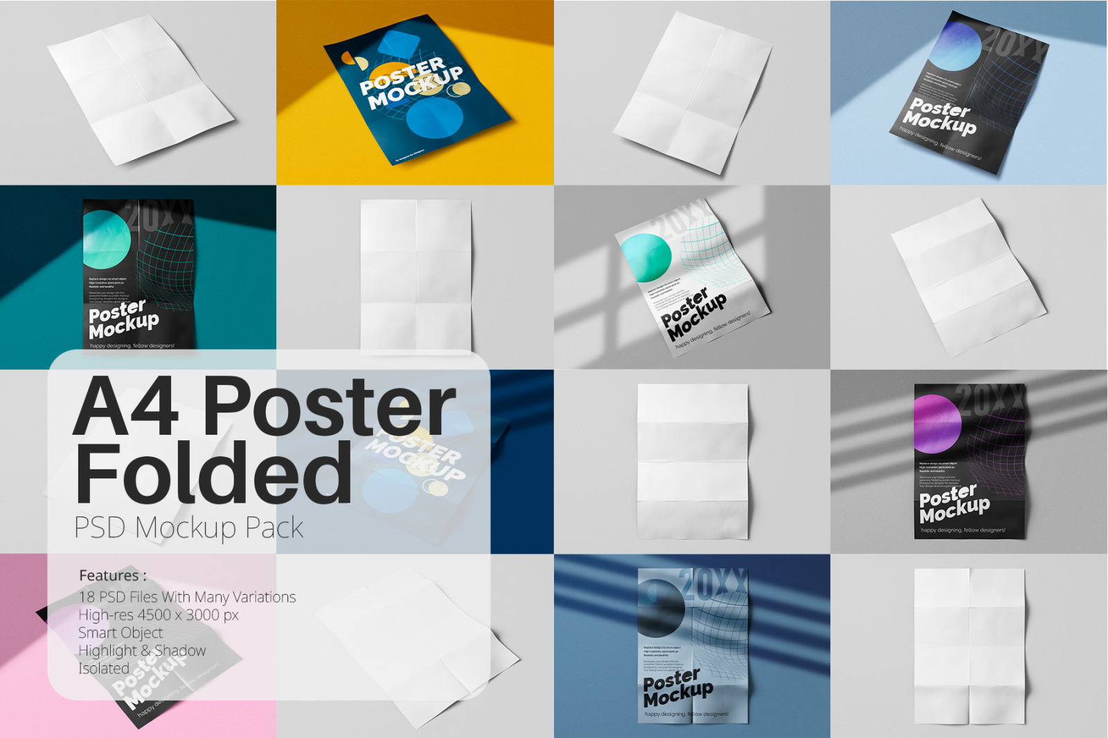 A4 Paper Folded Poster PSD Mockup Pack