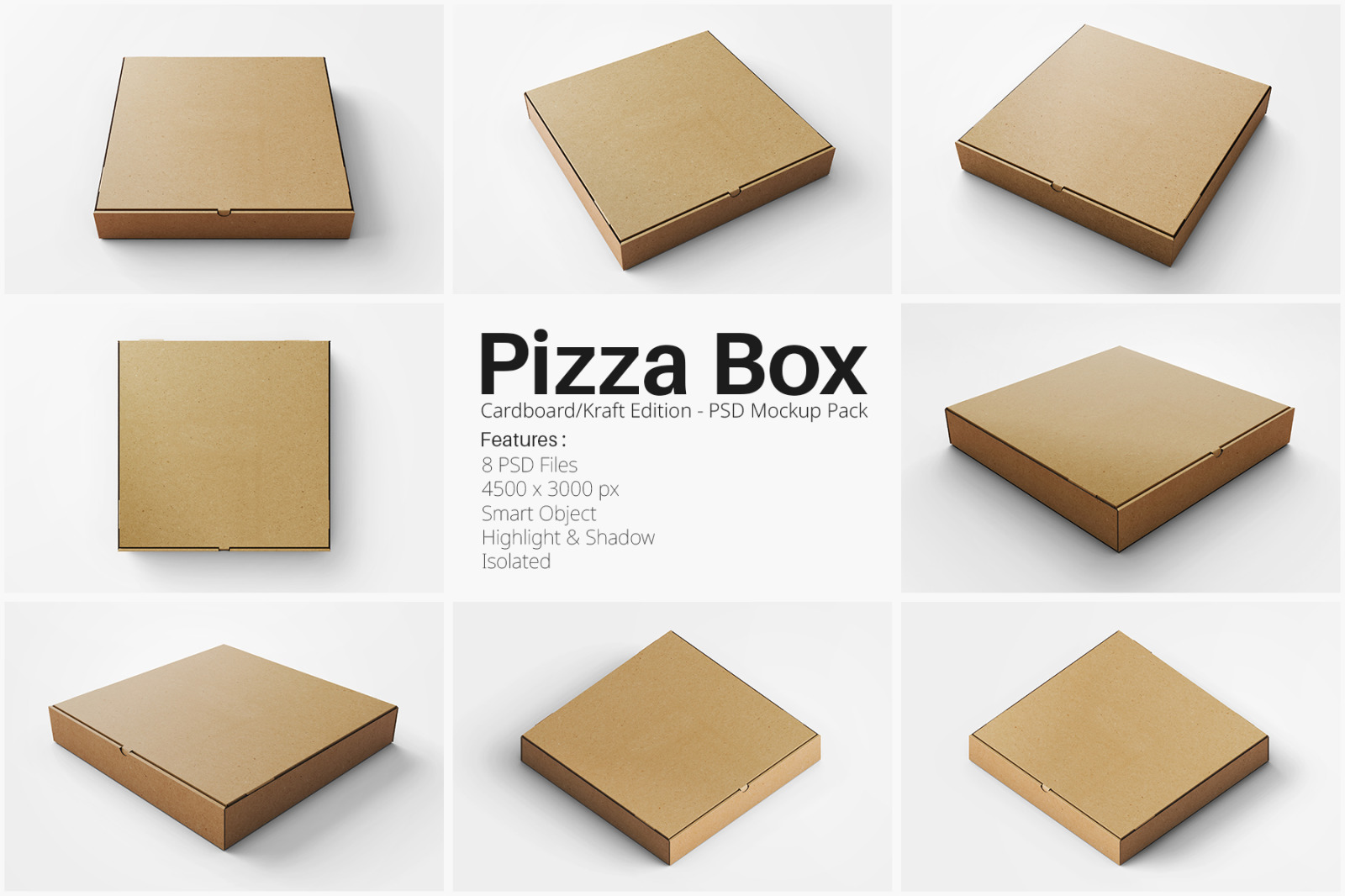 Pizza Box Square Eco Friendly Packaging - Cardboard/Kraft Paper PSD Mockup Pack