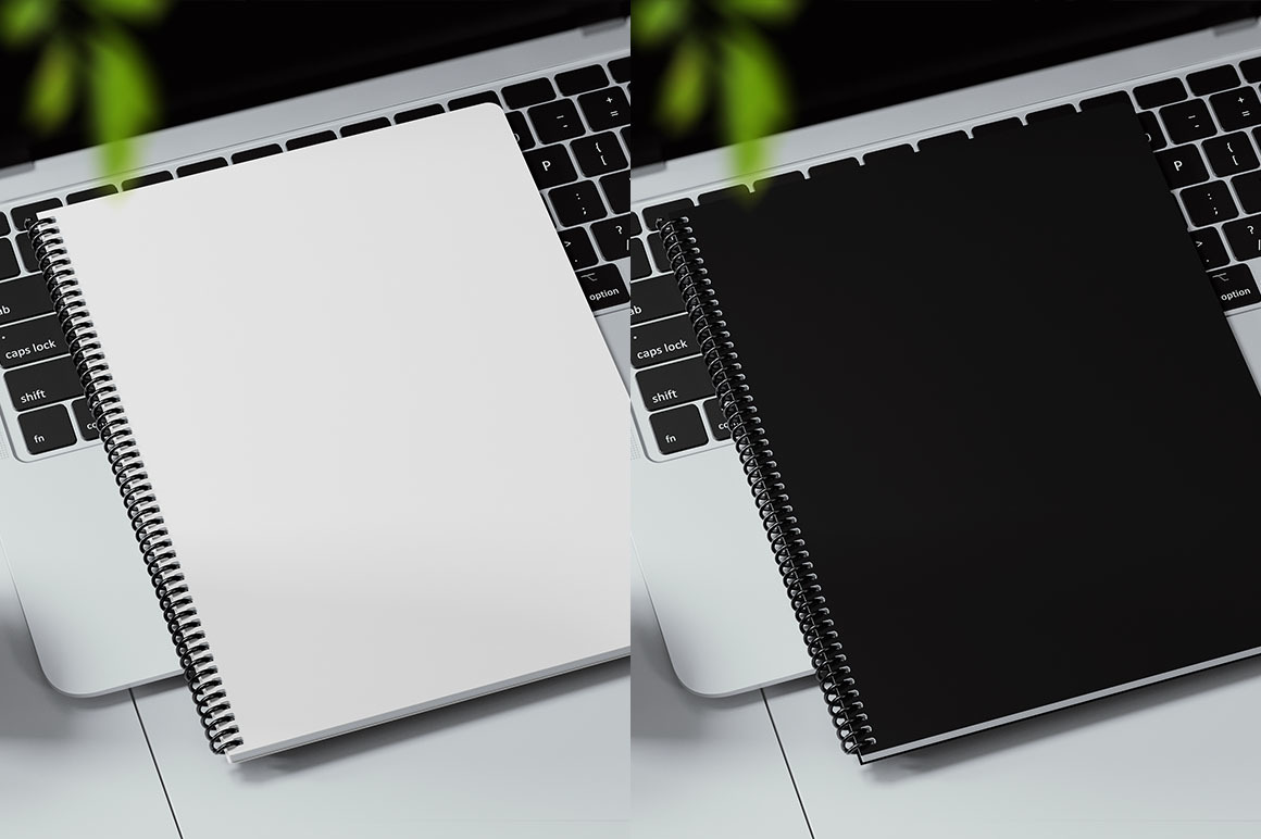 Coil Bound Book on a Laptop Keyboard Mockup Coil Bound Book on a Laptop Keyboard Mockup