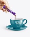 Glossy Stick Sachet With Coffee in a Hand & Coffee Cup Mockup