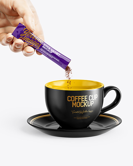 Glossy Stick Sachet With Coffee in a Hand & Coffee Cup Mockup