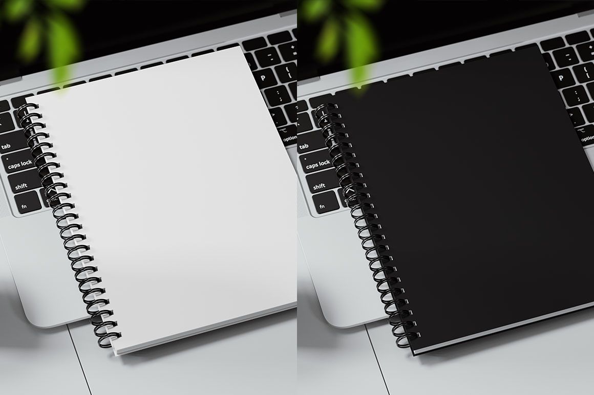 Spiral Bound Book on a Laptop Keyboard Mockup Spiral Bound Book on a Laptop Keyboard Mockup