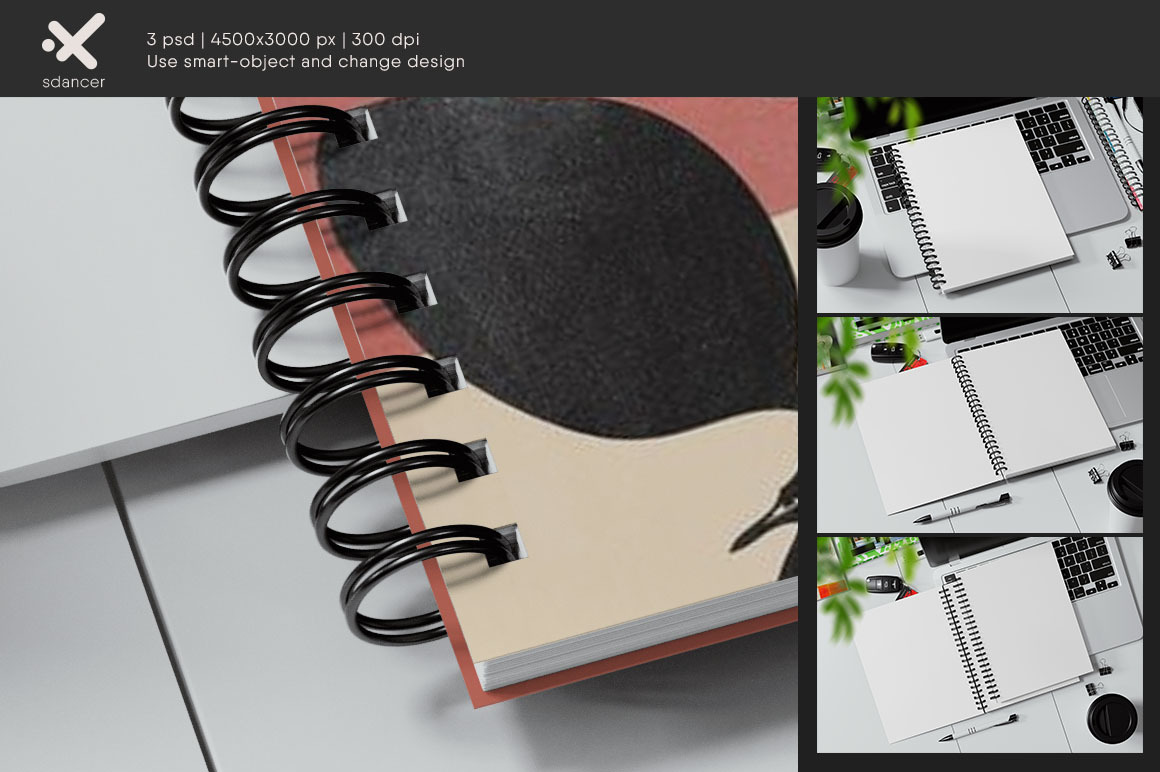 Spiral Bound Book on a Laptop Keyboard Mockup Spiral Bound Book on a Laptop Keyboard Mockup