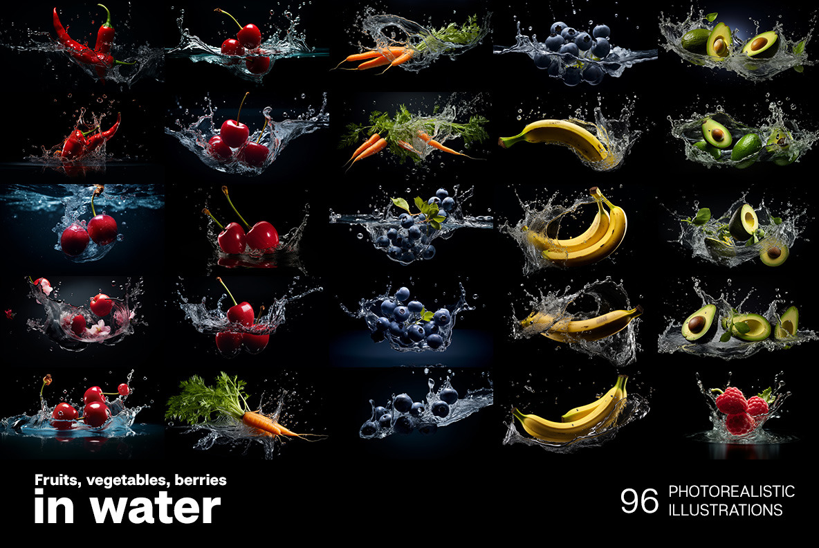 Fruits and vegetables in a splash of water Fruits and vegetables in a splash of water