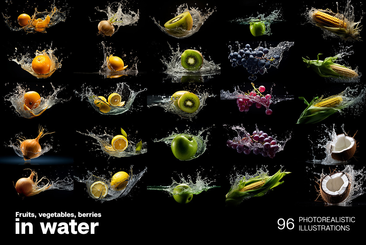 Fruits and vegetables in a splash of water Fruits and vegetables in a splash of water