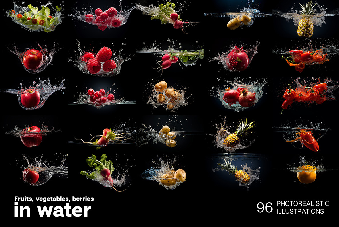 Fruits and vegetables in a splash of water Fruits and vegetables in a splash of water