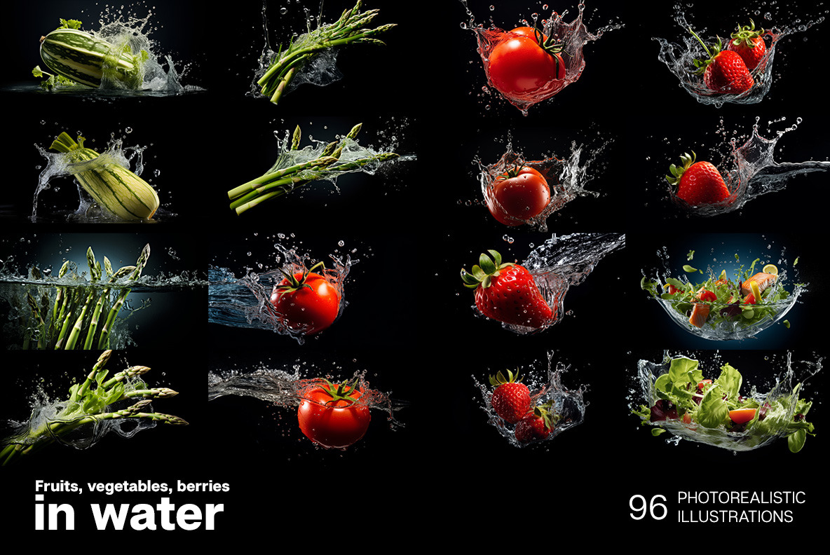 Fruits and vegetables in a splash of water Fruits and vegetables in a splash of water