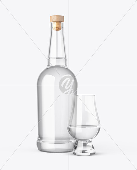 White Whiskey Bottle With Glass Mockup