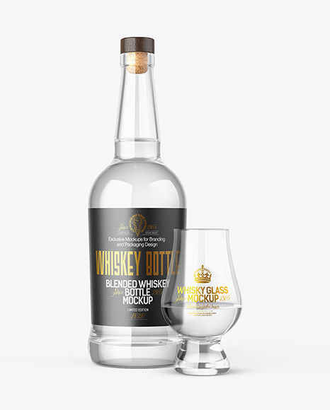 White Whiskey Bottle With Glass Mockup