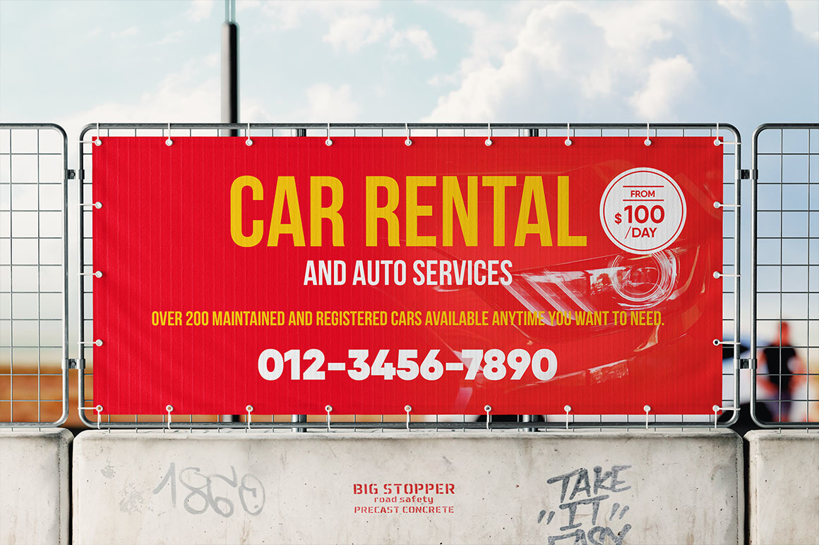 Advertising Banner on the Road Barrier Mockup Advertising Banner on the Road Barrier Mockup