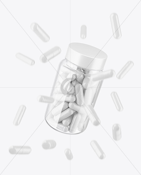 Clear Pills Jar with Flying Pills Mockup